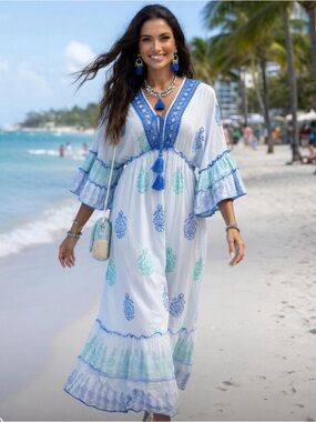 ShopEvelynne White Maxi Dress with Blue & Aqua Embroidery